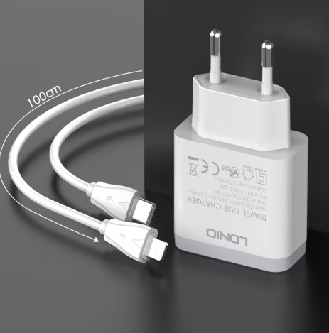 LDNIO დამტენი + კაბელი Q122, PD27W Home Charger Support PPS EU/Indian PIN, Type C-Type C, თეთრი