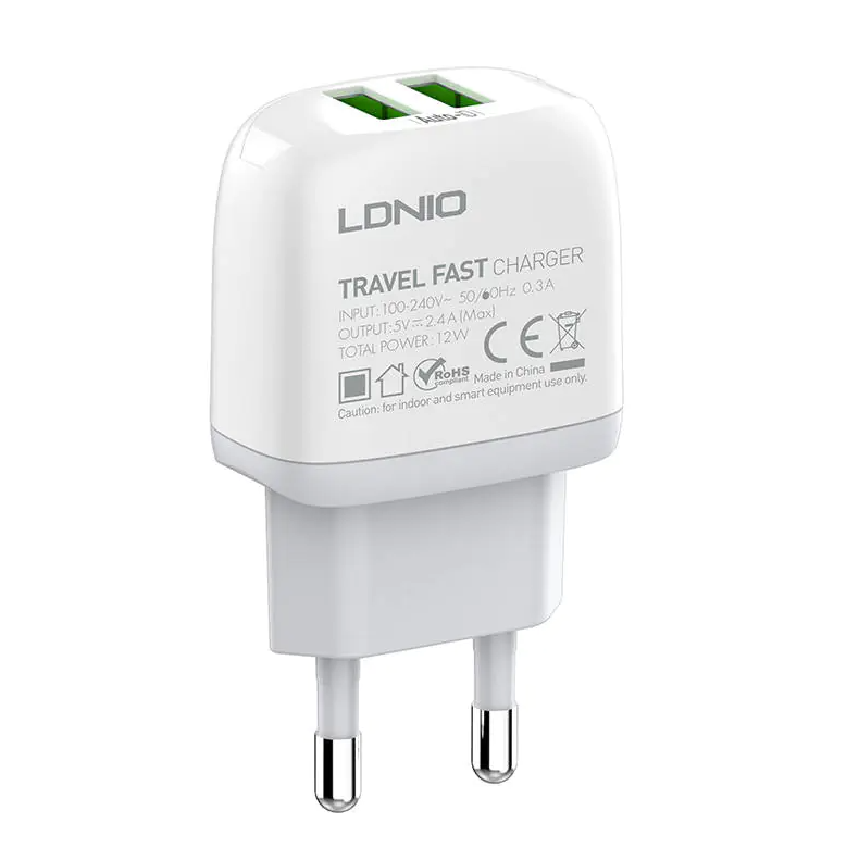 LDNIO დამტენი + კაბელი A2219 USB To Type C 12W USB (2 Ports) Fast Wall Charger Adapter თეთრი