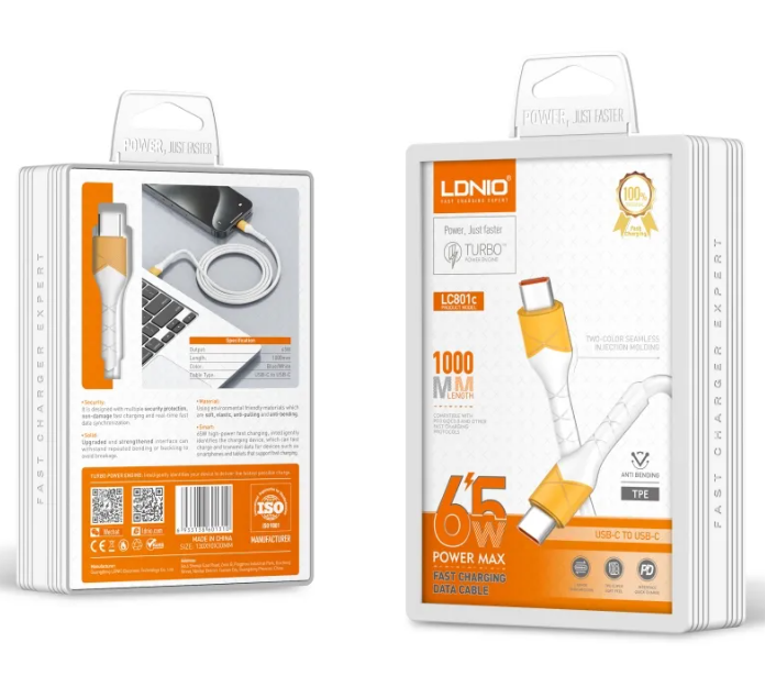 LDNIO მობილურის კაბელი LC801C White, Type-C to Type-C, 65W Fast Charge, 1M თეთრი