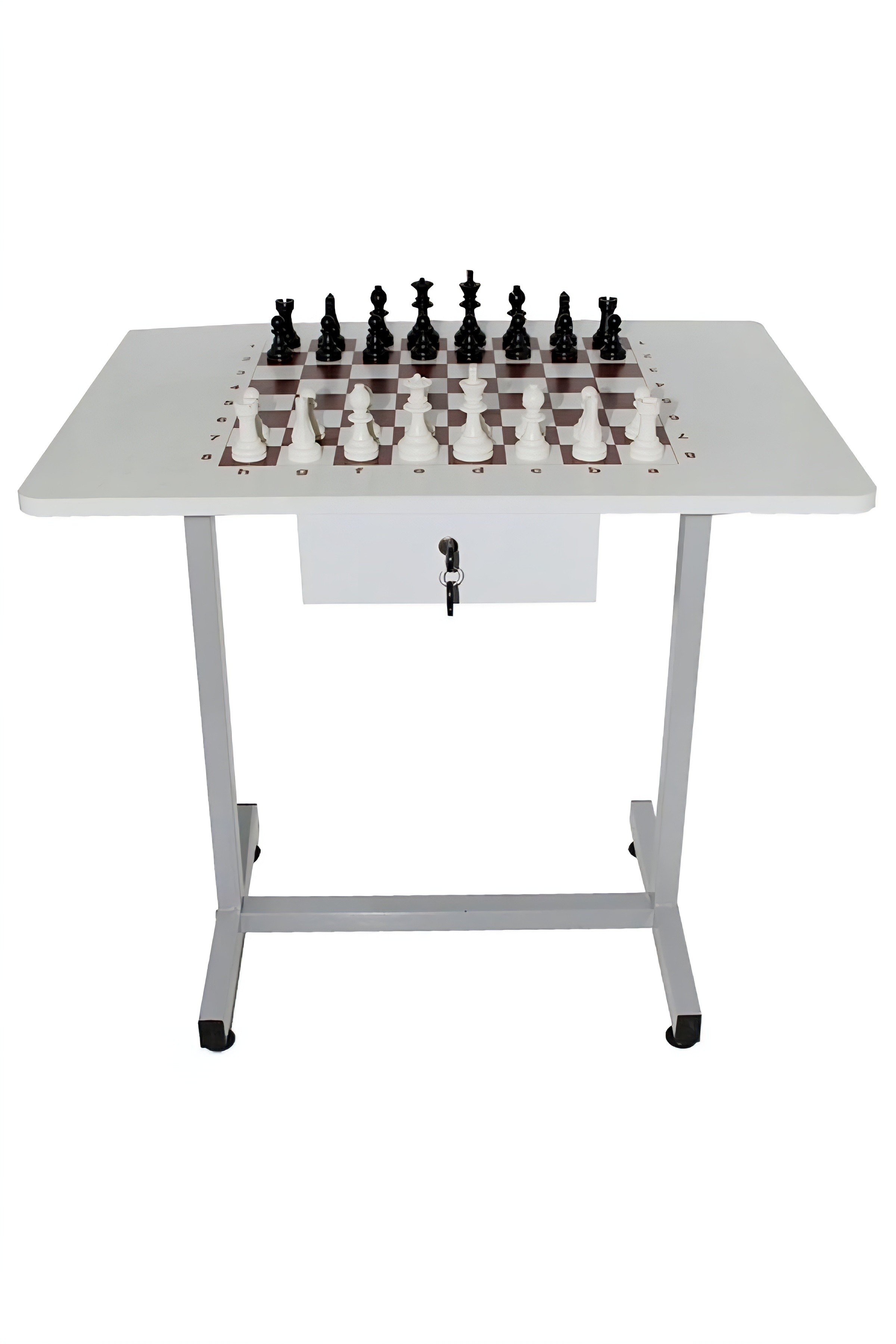 ჭადრაკის მაგიდა უჯრით და ფიგურებით